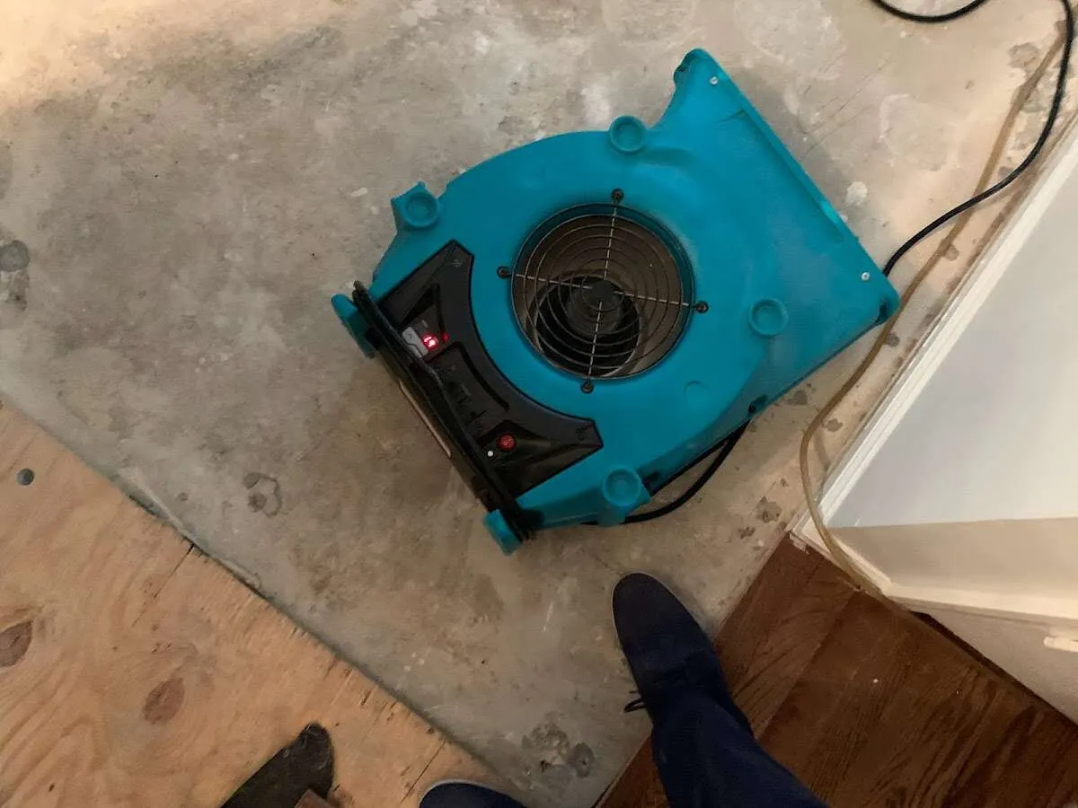 Air mover drying subfloor during Commercial Water Damage Restoration in Yorktown